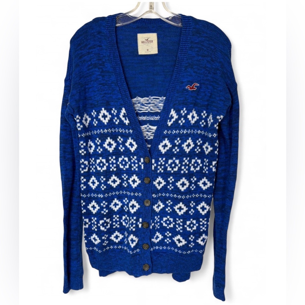 Hollister Fair Isle Cardigan Womens Medium Blue Indie Grandpacore Y2K Revival